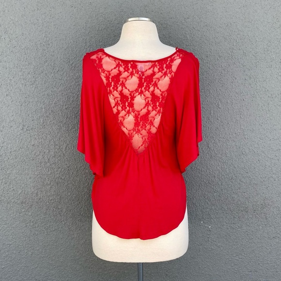 Red Short Sleeve Bat Sleeve Blouse W/ Lace… - Picture 3 of 7